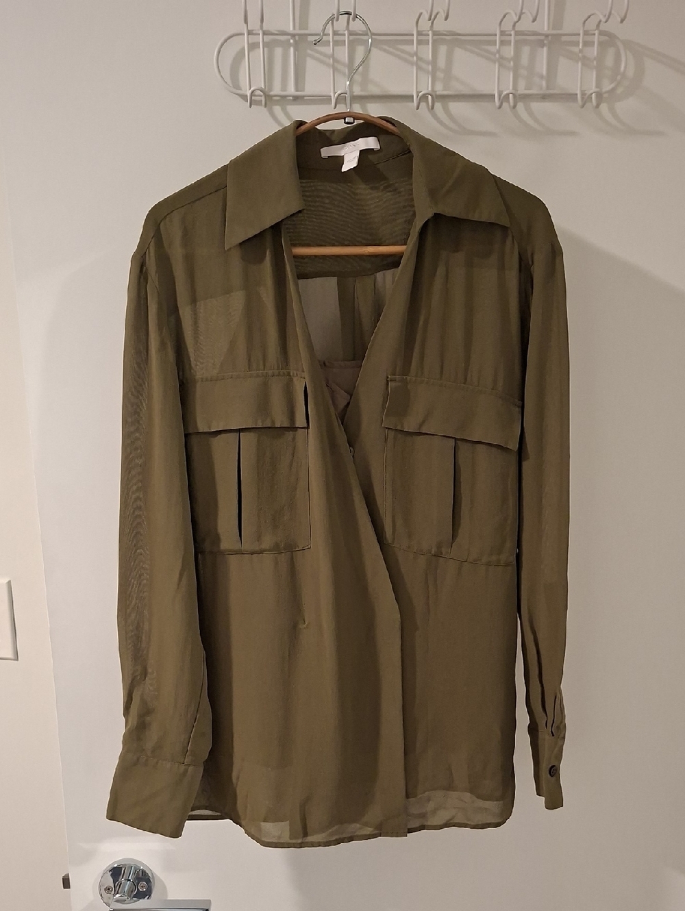 Boss Khaki/Olive Green 100% Silk Patch Pocket Wrap-front Blouse (Size US 0)